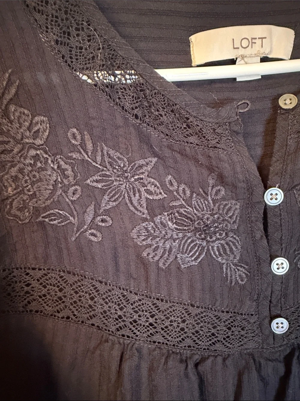 LOFT Black Embroidered Button-Pleat Short Sleeve Blouse